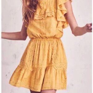 LoveShackFancy Yellow Cotton Mini Dress –‎ Size S, Lace Trim Cottagecore
